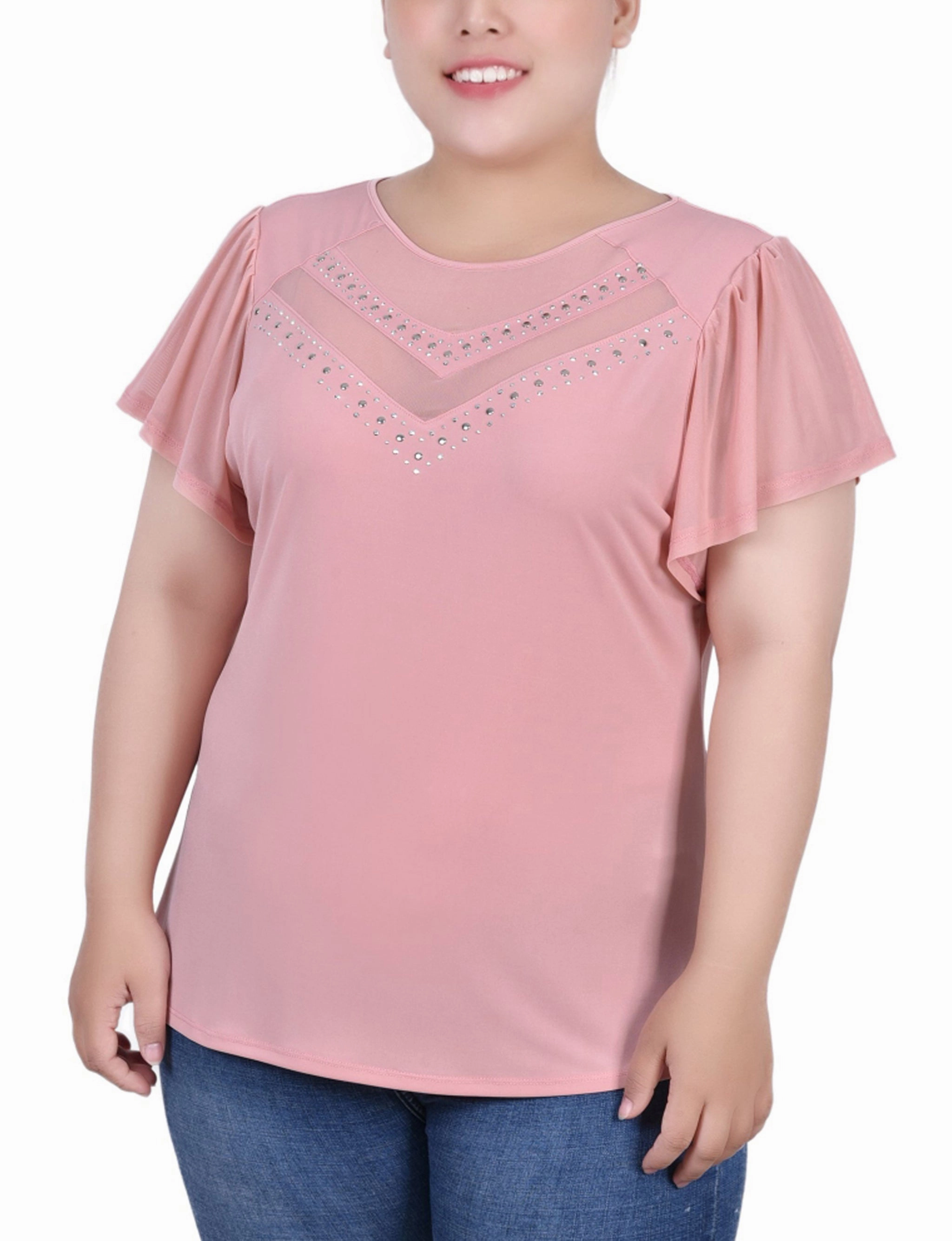 Plus Size Studded Short Flutter Sleeve Top With Mesh Details All Weather Performance Fabric HighNeck