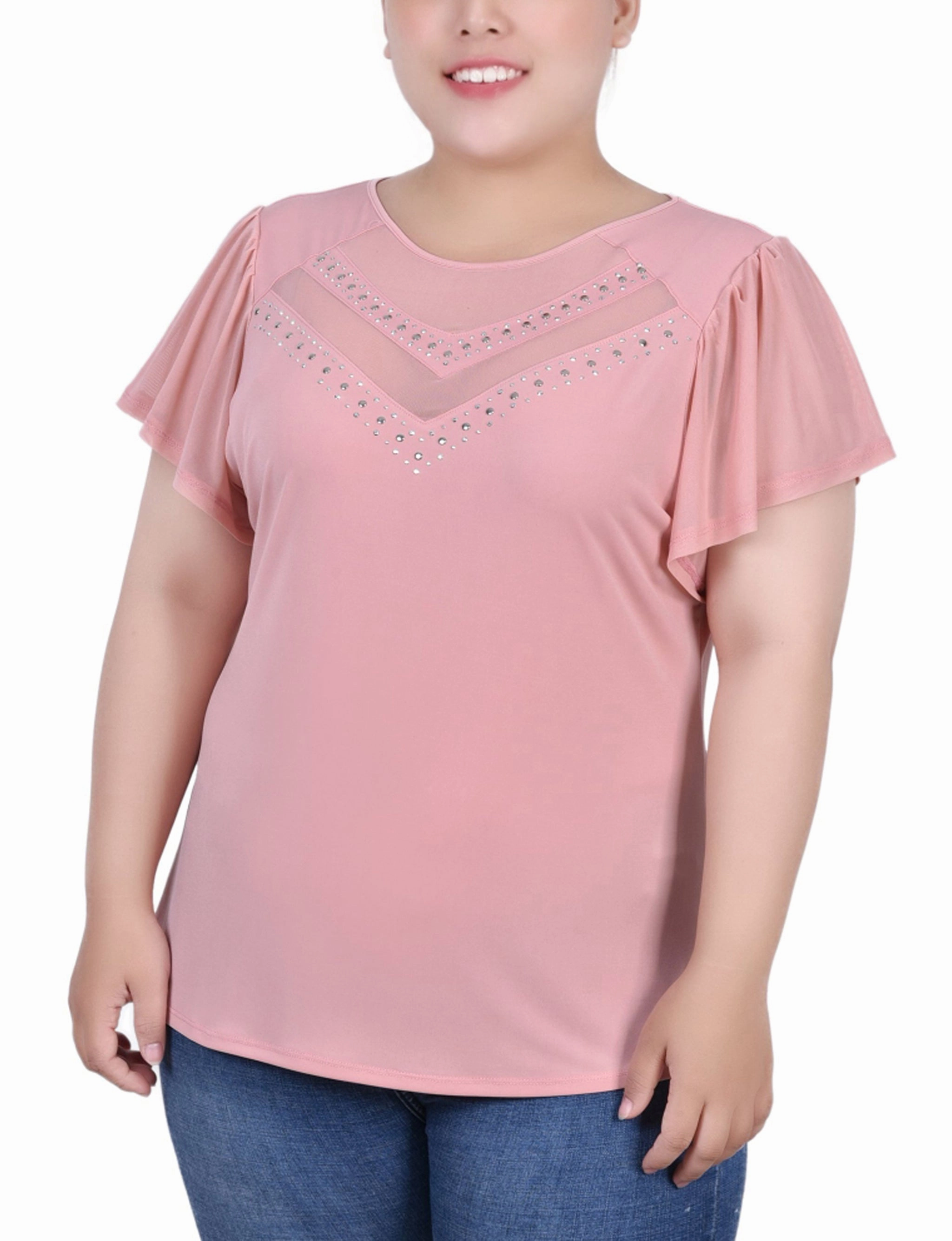 Plus Size Studded Short Flutter Sleeve Top With Mesh Details Bold Design
