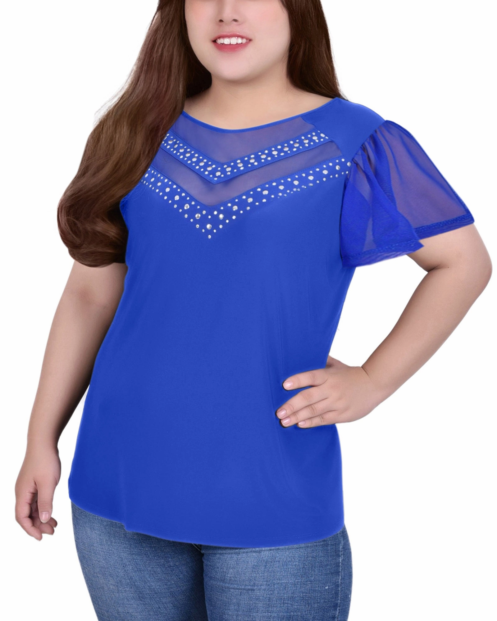 FadeResistantTechnology Plus Size Studded Short Flutter Sleeve Top With Mesh Details