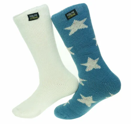 Polar Extreme Womens 2 Pair Thermal Insulated Fleece Crew Socks Ivory Blue Stars
