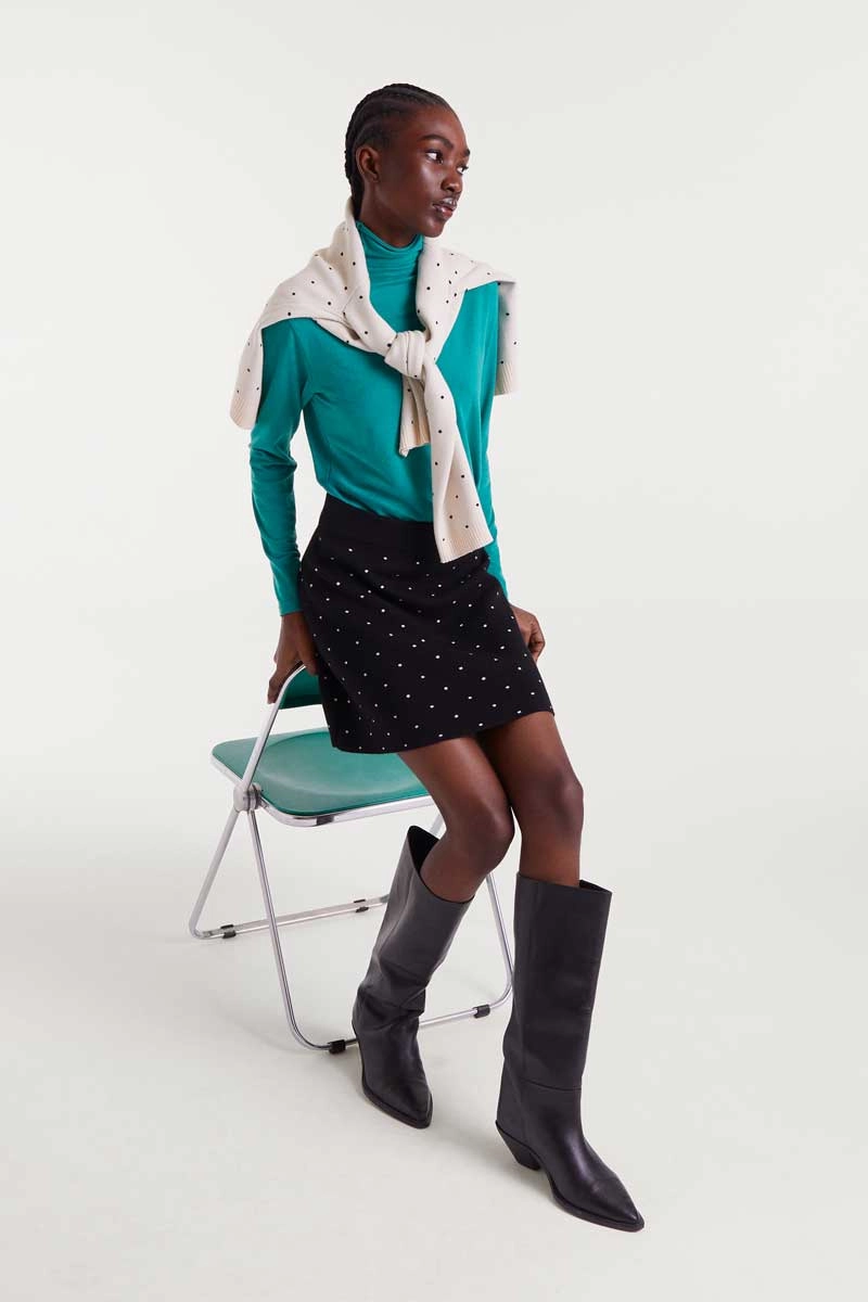 Polka Dot Knit Mini Skirt in Black Smart Design