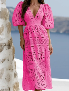 V Neck Cut Out Lace Embroidered Dress ??Elegant Women's Dress Easy to Wear