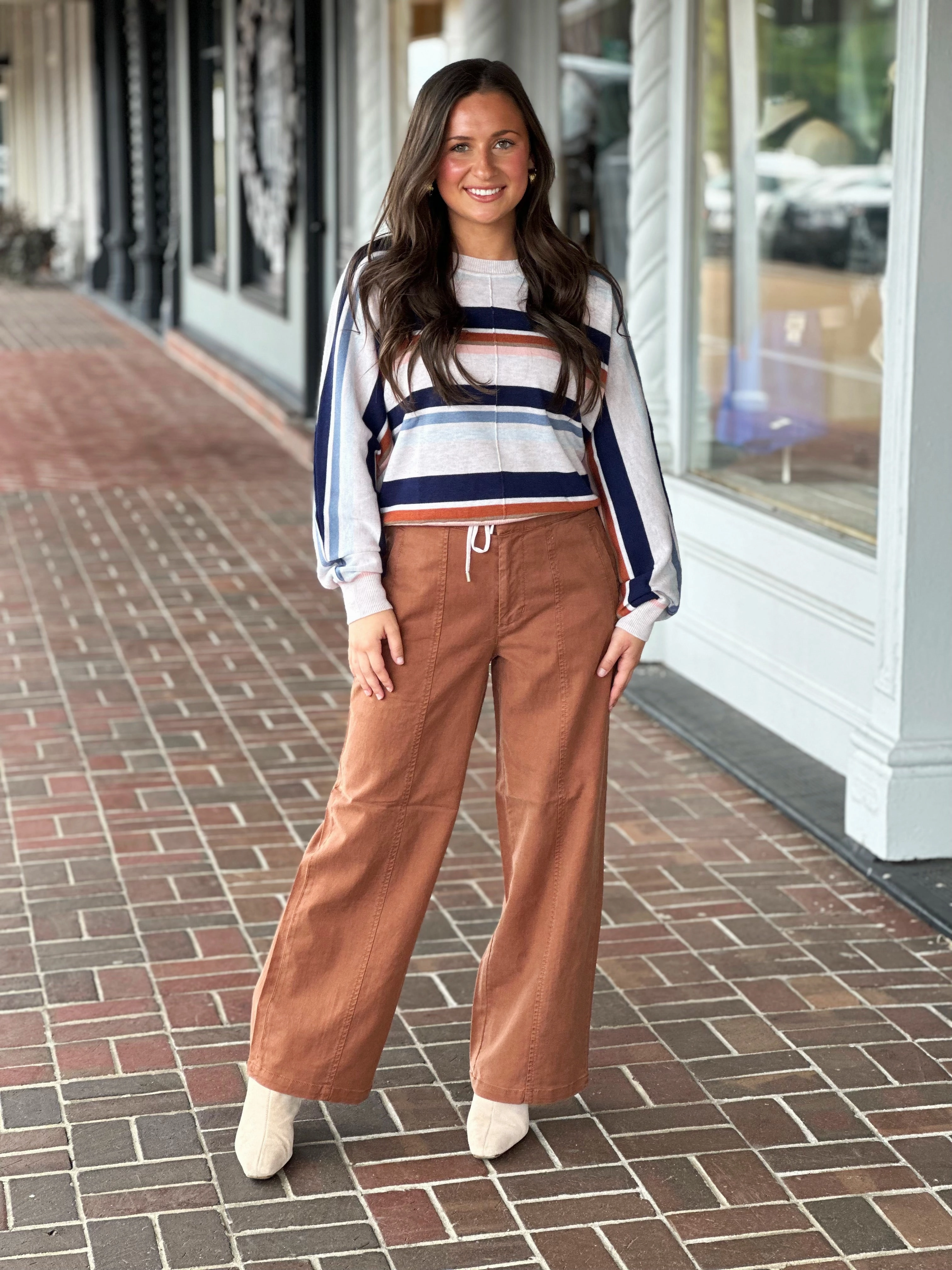Loose Sweater Polly Draw Tie Striped Sweater