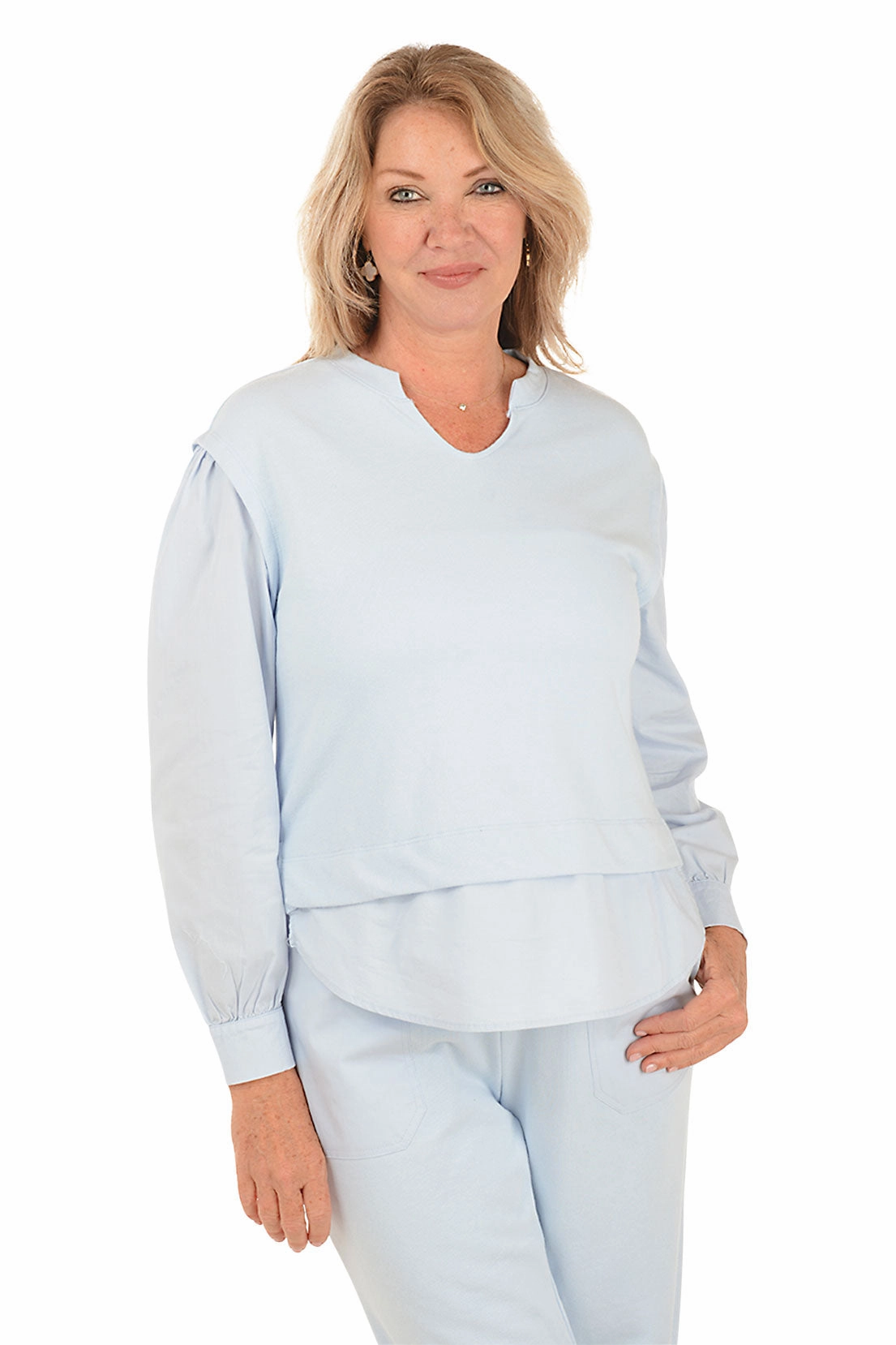 Poplin Layered Long Sleeve Top Water Repellent Coating DropShoulder