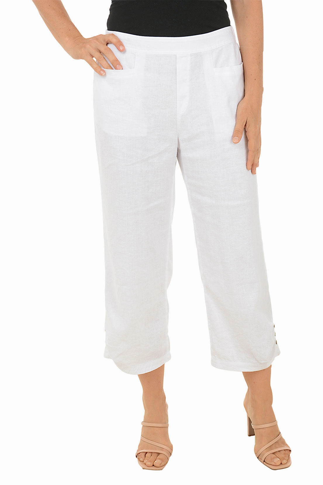 Triple Button Hem Linen-Blend Crop Pant Adjustable drawstring