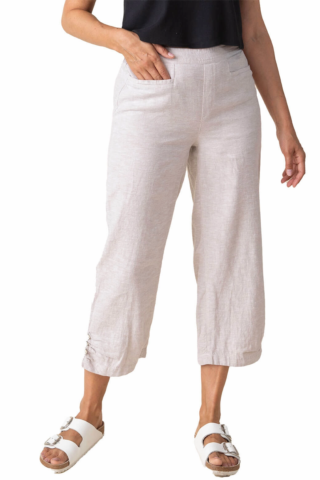 Timeless Comfort Fit Triple Button Hem Linen-Blend Crop Pant