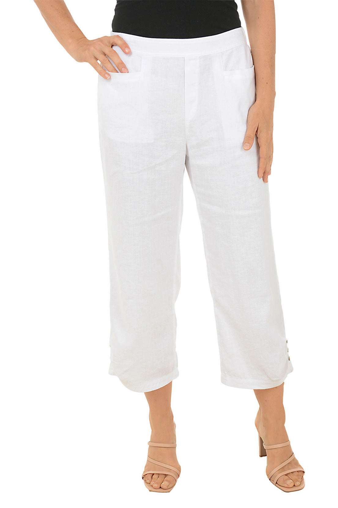 Triple Button Hem Linen-Blend Crop Pant Flexible Look