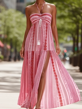 Office Classic Happy Glow Boho Slit Halterneck Slip Dress ??Resort Collection