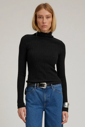 Black Heavy Cashmere Mock Neck retro look