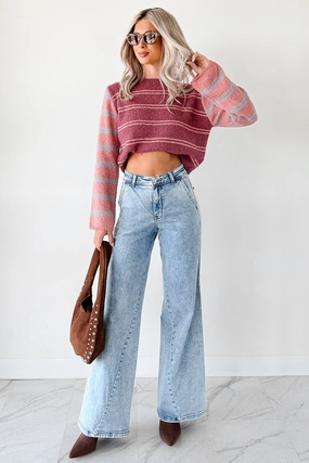 Antistatic Durable Fiber Blend Beyond Ordinary Striped Knit Sweater (Plum Combo)