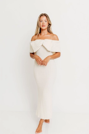 Aston Bow Front Maxi Sweater Dress in Ivory Bump Friendly & Inclusive Sizing (S-3XL) Self Power