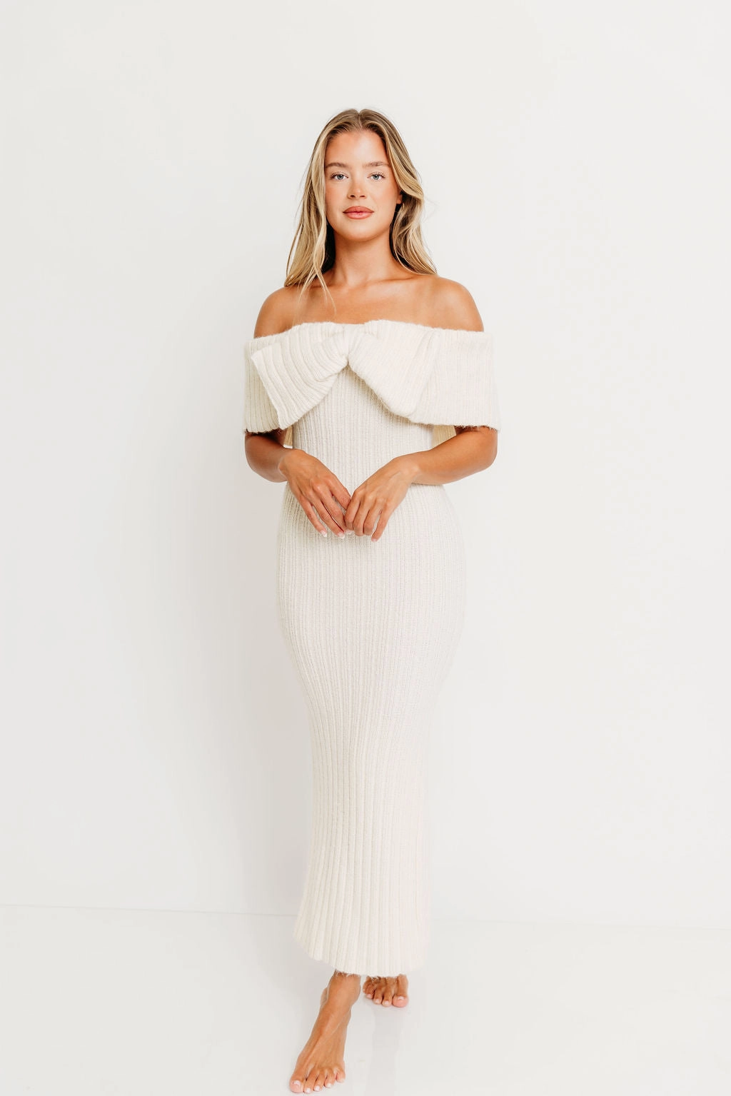 Aston Bow Front Maxi Sweater Dress in Ivory Bump Friendly & Inclusive Sizing (S-3XL) Self Power