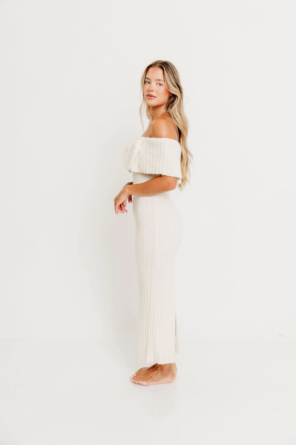 Aston Bow Front Maxi Sweater Dress in Ivory Bump Friendly & Inclusive Sizing (S-3XL) Gemstone-Detail