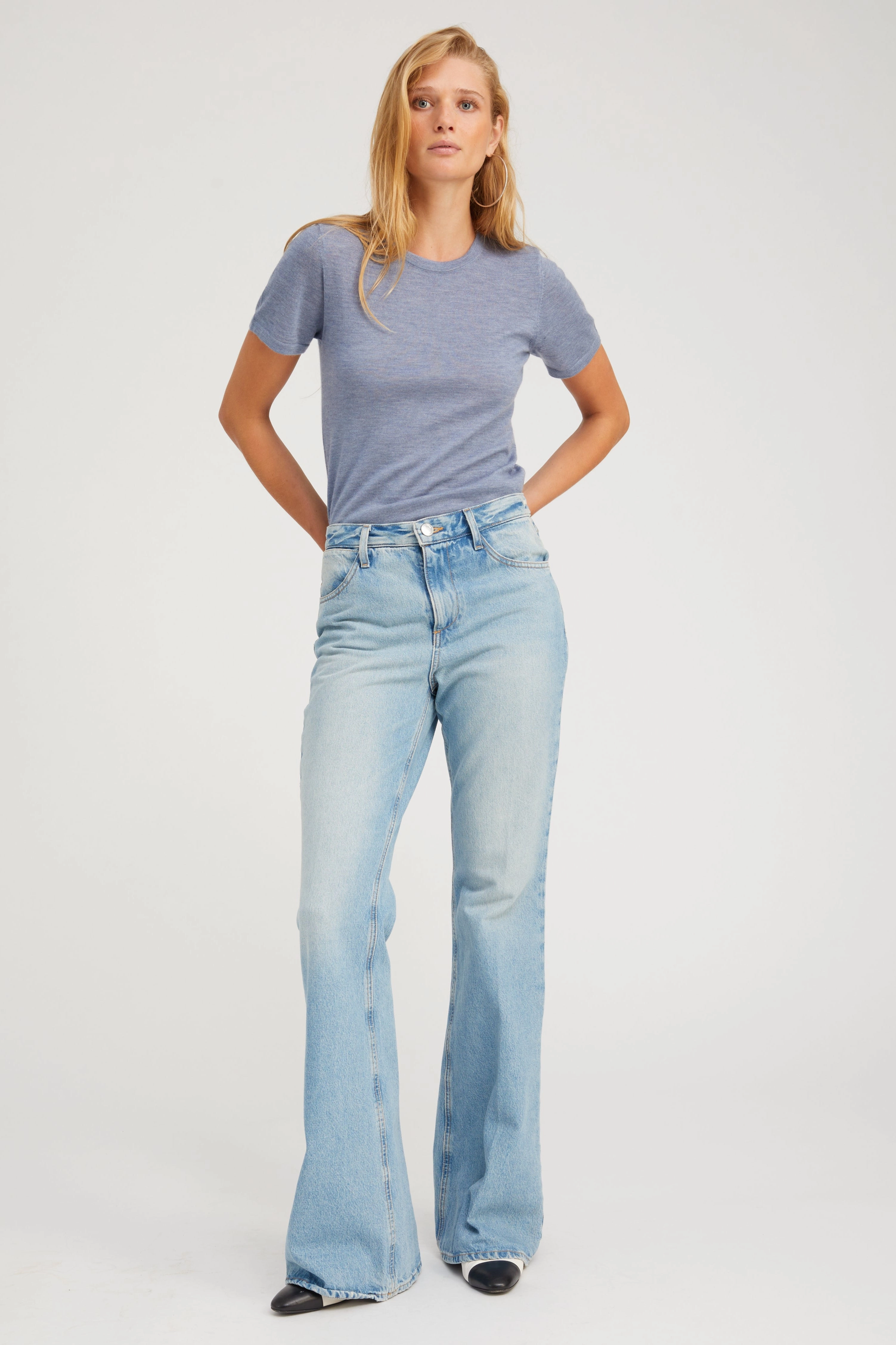 Durable Stitch Pattern StretchMaterial Steel Blue Ultra Fine Cashmere Tee