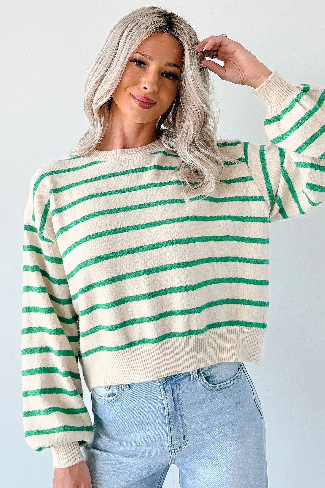 Morning Rituals Striped Button Detail Sweater (Green) UltraSoftInterior HypoallergenicFabric