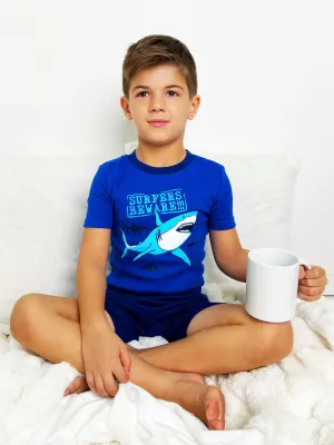 Prestigez Boys' Organic Cotton 2 Piece Pajama Set With Shorts Shark Surfers Beware