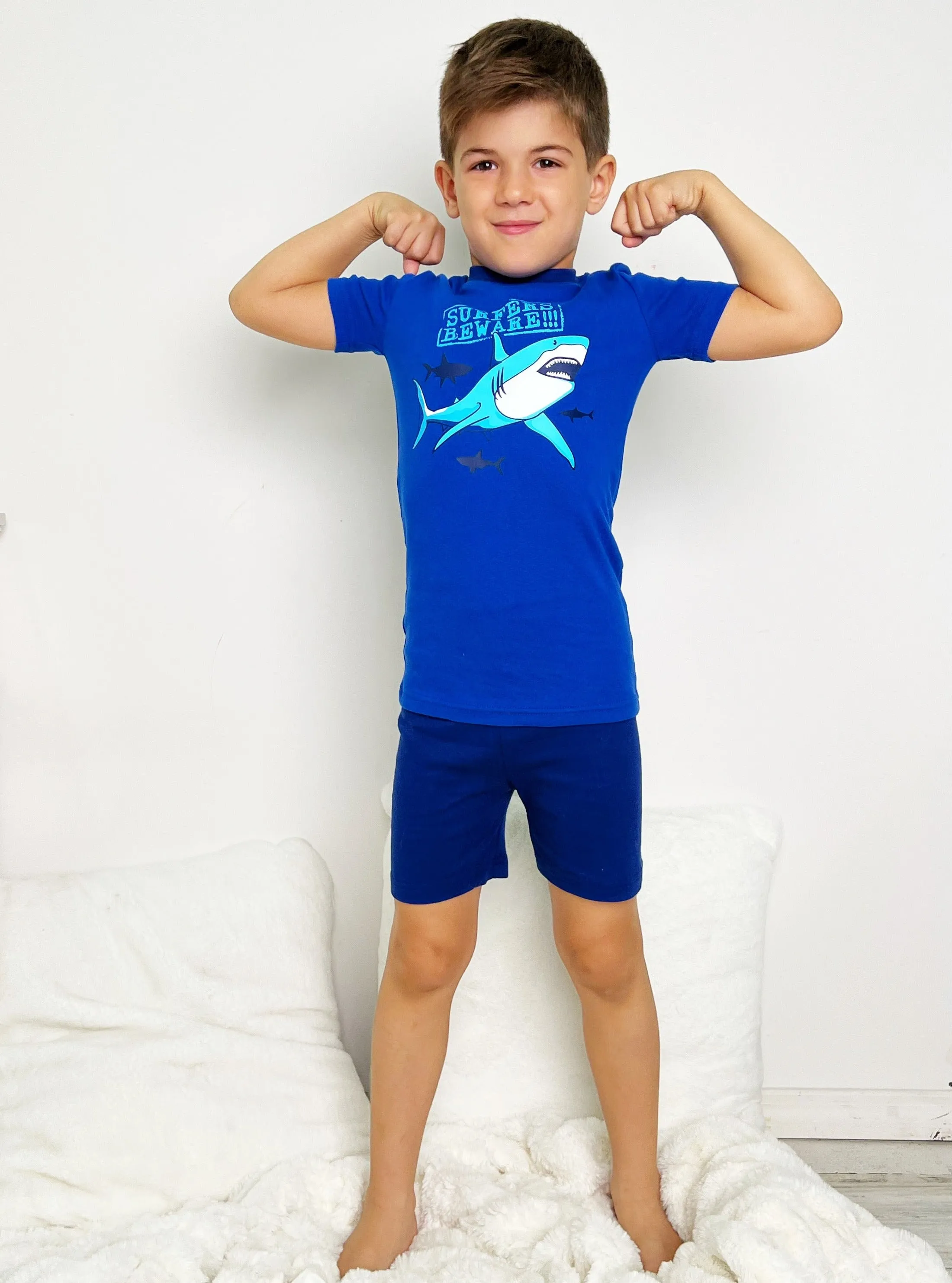 Prestigez Boys' Organic Cotton 2 Piece Pajama Set With Shorts Shark Surfers Beware