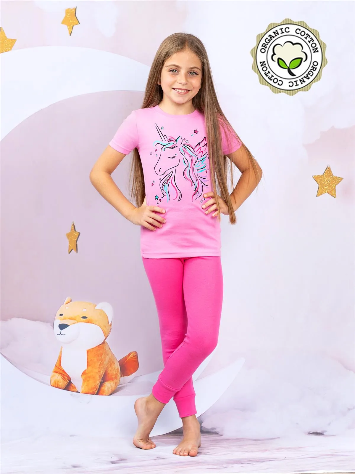 Prestigez Girls' Snug-Fit Organic Cotton 4 Piece Pajama Sleepwear Set, Unicorn/Mermaid