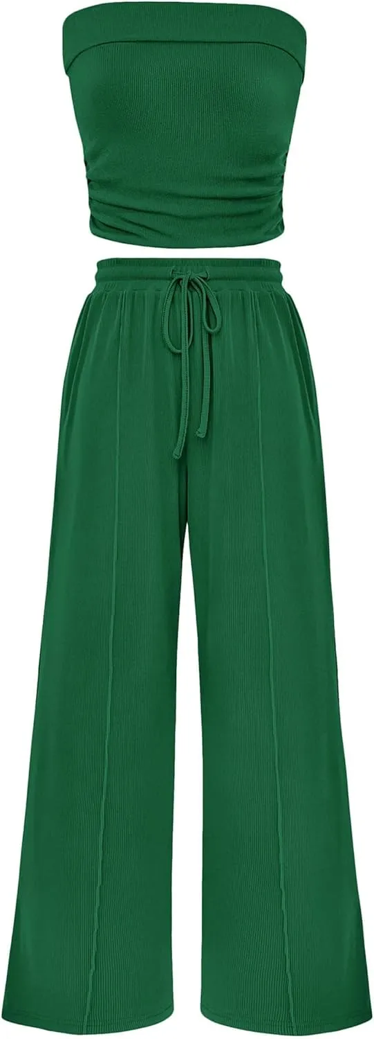 PRETTYGARDEN Womens Summer Outfits 2 Piece Sets Casual Ribbed Knit Crop Tube Top Wide Leg Pants Spring Matching Lounge Set