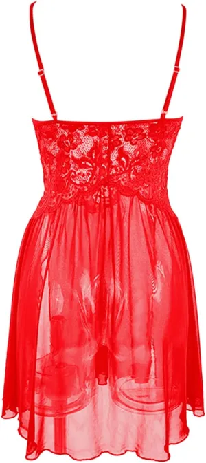 Print Mesh Lingerie for Women Sexy Scalloped Trim Floral Lace Negligees See Through Hollow out Sleepwear With Thong