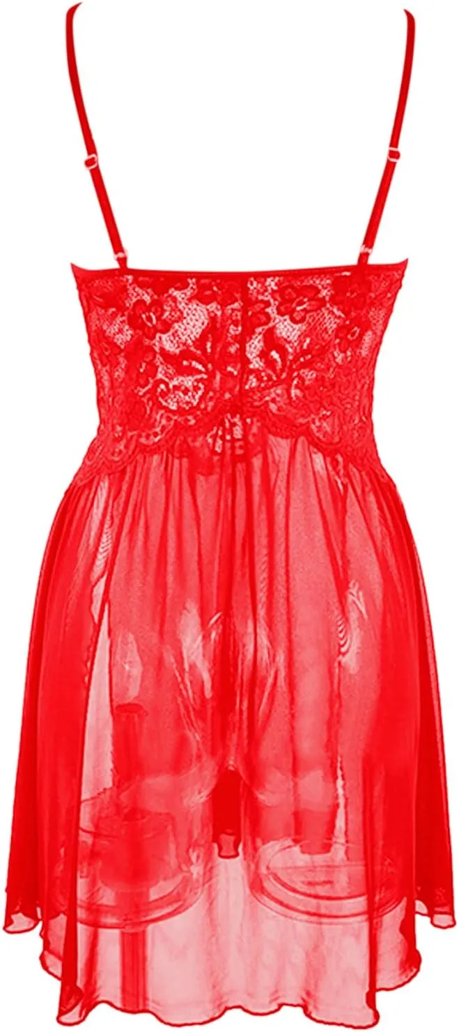 Print Mesh Lingerie for Women Sexy Scalloped Trim Floral Lace Negligees See Through Hollow out Sleepwear With Thong