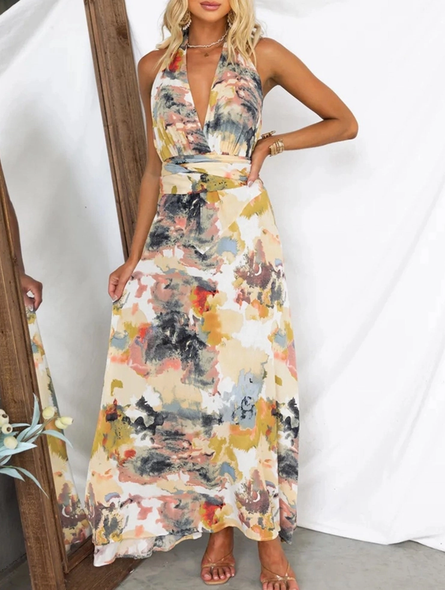 Printed Lace-Up V-Neck A-Line Dress ??Flowy Waist-Defining Midi Dress for All Seasons Chic Rhythm Bold colors
