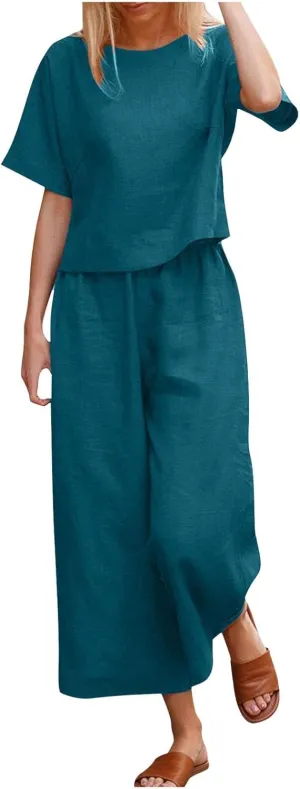 PTOLOCIF Women's 2 Piece Outfits Linen Tracksuits Short Sleeve Tops and Wide Leg Pants Lounge Matching Set Trendy Clothes
