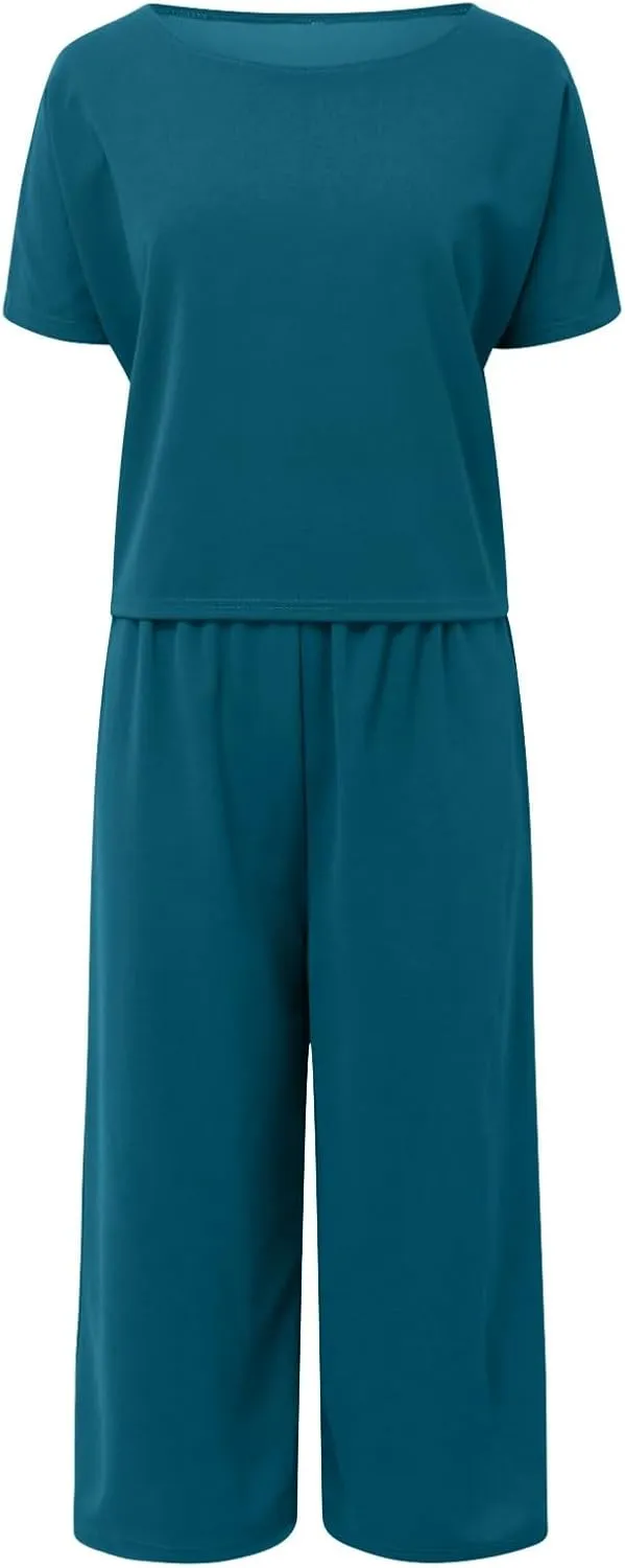 PTOLOCIF Women's 2 Piece Outfits Linen Tracksuits Short Sleeve Tops and Wide Leg Pants Lounge Matching Set Trendy Clothes