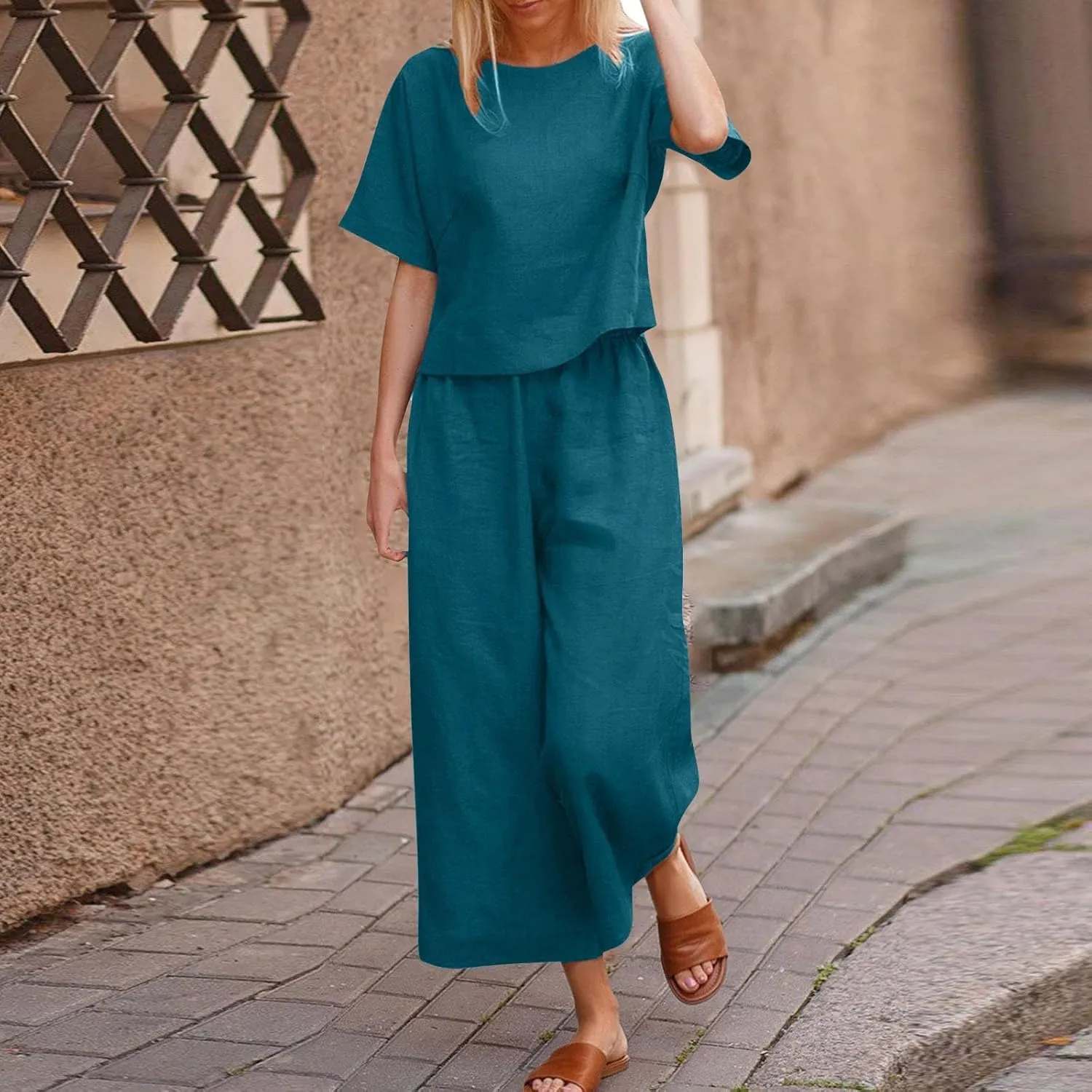 PTOLOCIF Women's 2 Piece Outfits Linen Tracksuits Short Sleeve Tops and Wide Leg Pants Lounge Matching Set Trendy Clothes