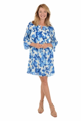 Inked Flowers Keyhole Neck Pleated Dress Versatile Layer