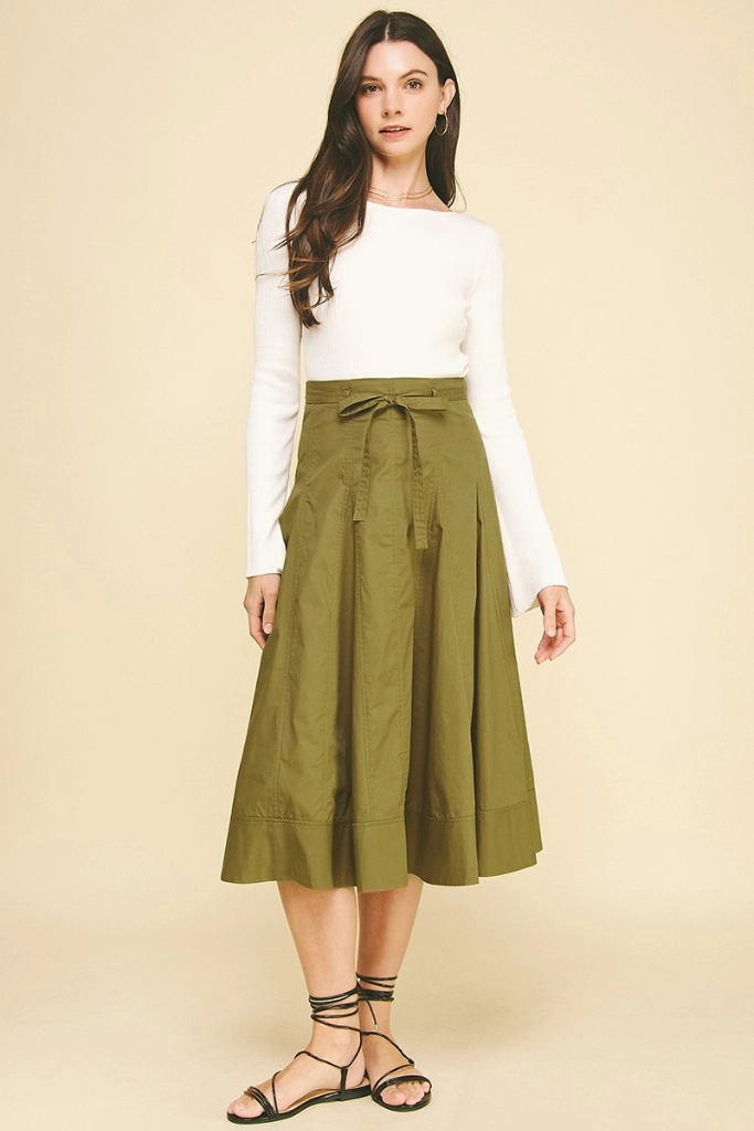 Hand Stitched Violet Poplin Midi Skirt in Khaki