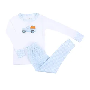 Pumpkin Picking Applique Long Pajamas - Blue