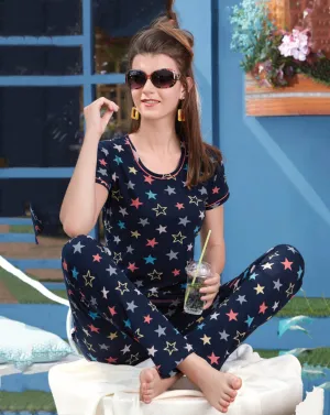 Pure Cotton Round Neck Blue Night suit Set for Women