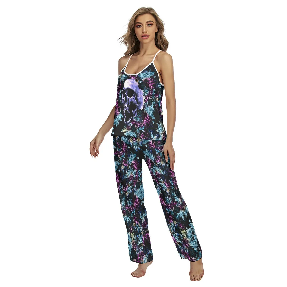 Purple Skull Floral Cami Pajamas Sets For Women Sleepwears Combo