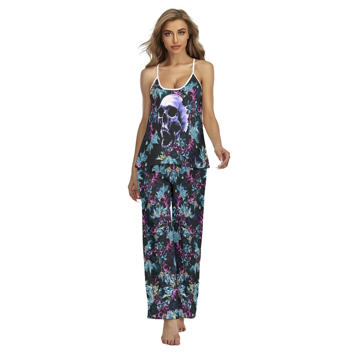 Purple Skull Floral Cami Pajamas Sets For Women Sleepwears Combo