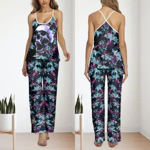 Purple Skull Floral Cami Pajamas Sets For Women Sleepwears Combo
