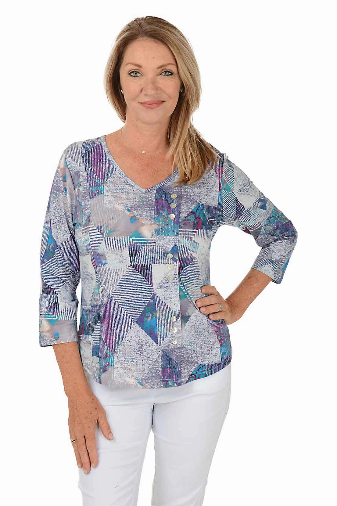Purple Neelie Offset Button Front Pocket Top Circular Knit Technique
