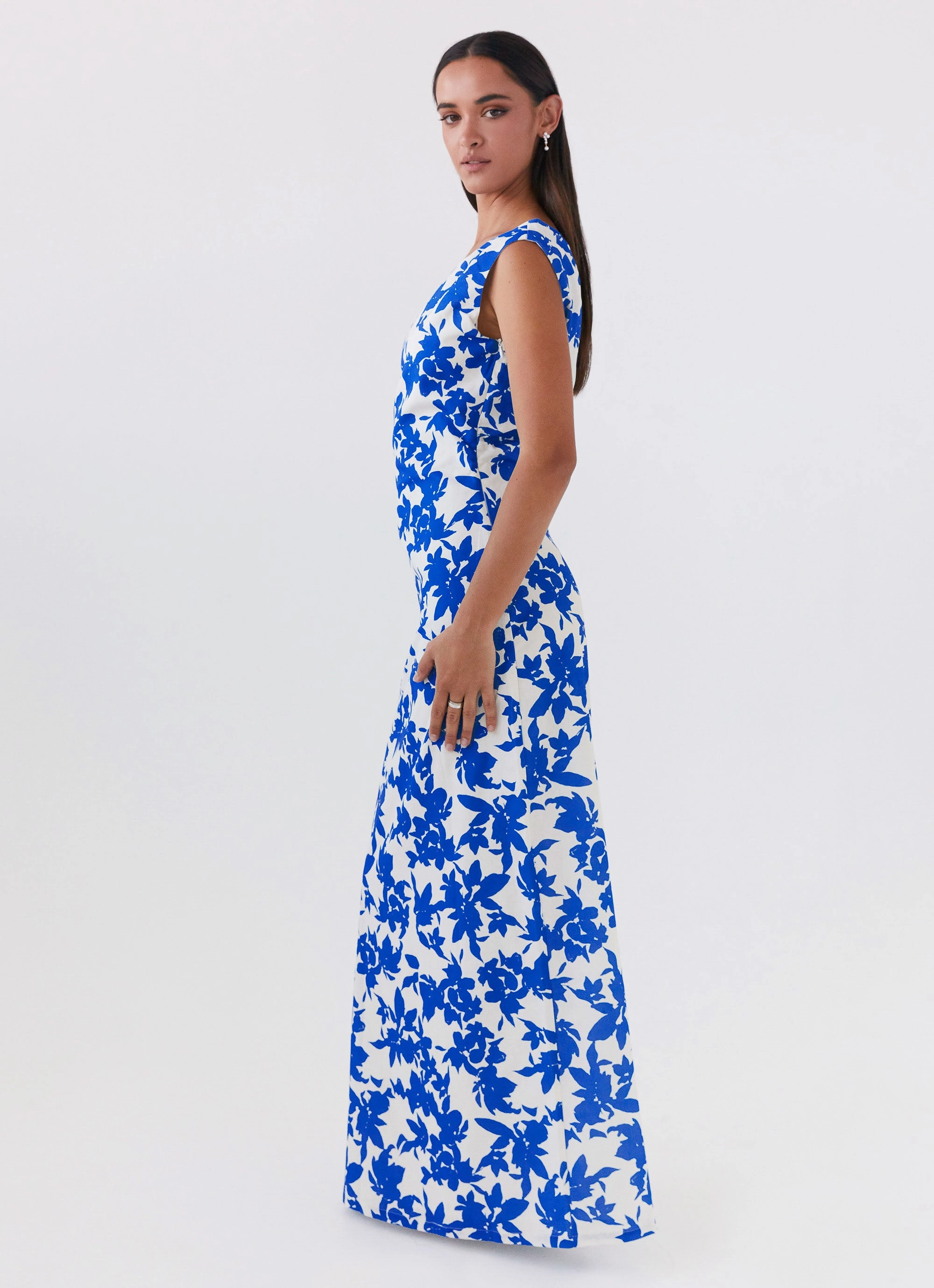 Pyper Off Shoulder Maxi Dress - Blue Floral Chic Mom