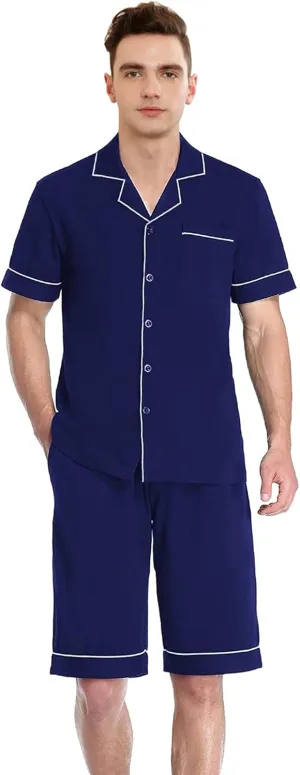 Qianxiu Mens Short Pajamas Set - Button Down Sleepwear Soft Lounge Pjs Mens Pajamas Set Cotton,100% Cotton with Pockets