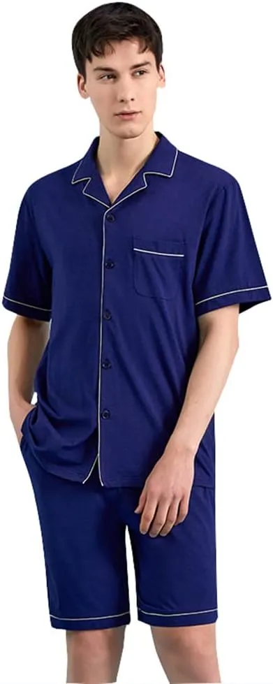Qianxiu Mens Short Pajamas Set - Button Down Sleepwear Soft Lounge Pjs Mens Pajamas Set Cotton,100% Cotton with Pockets