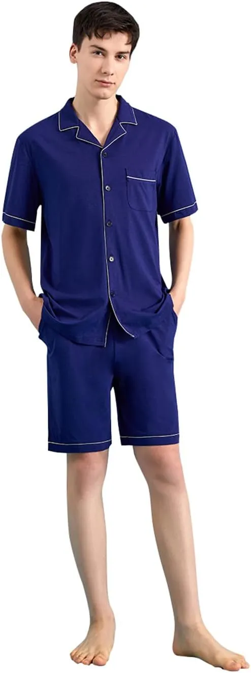 Qianxiu Mens Short Pajamas Set - Button Down Sleepwear Soft Lounge Pjs Mens Pajamas Set Cotton,100% Cotton with Pockets