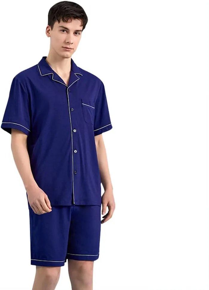 Qianxiu Mens Short Pajamas Set - Button Down Sleepwear Soft Lounge Pjs Mens Pajamas Set Cotton,100% Cotton with Pockets