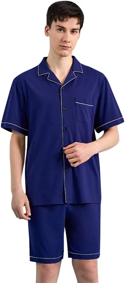 Qianxiu Mens Short Pajamas Set - Button Down Sleepwear Soft Lounge Pjs Mens Pajamas Set Cotton,100% Cotton with Pockets