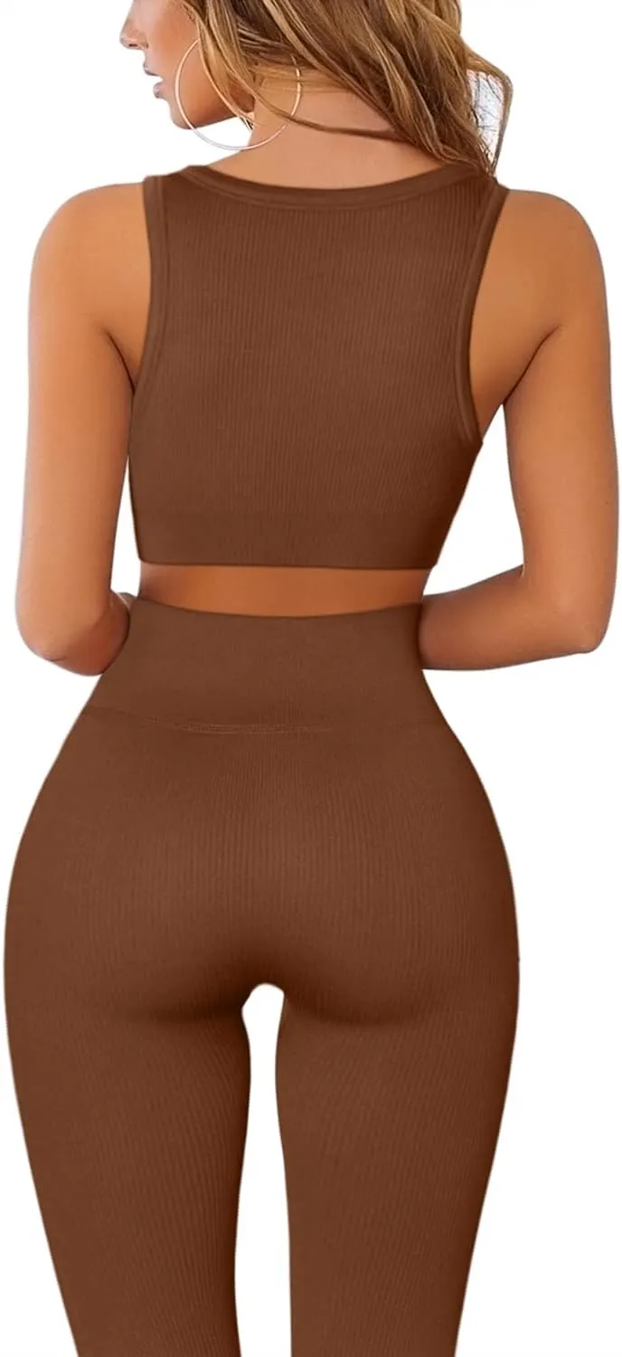 QINSEN Workout Outfits for Women 2 Piece Ribbed Seamless Crop Tank High Waist Yoga Leggings Sets