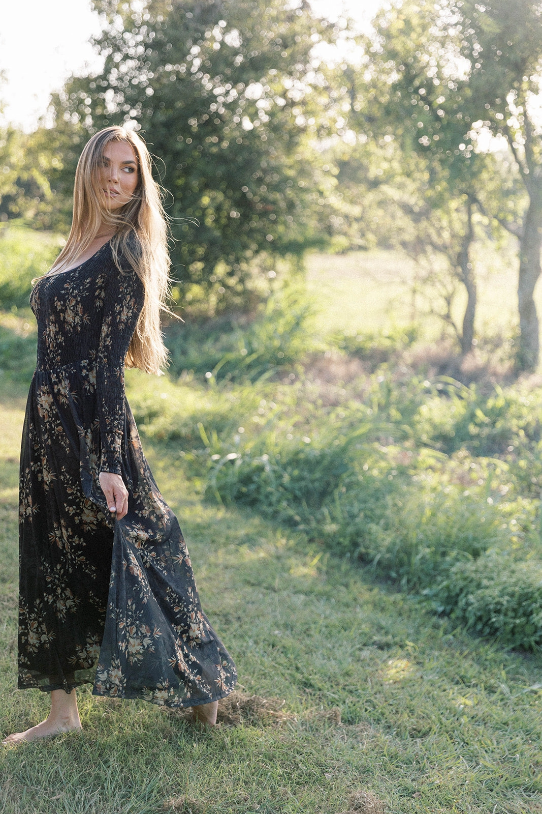Honor Floral Smocked Woven Maxi Dress in Black - Bump Friendly Cozy And Stylish Bold Color