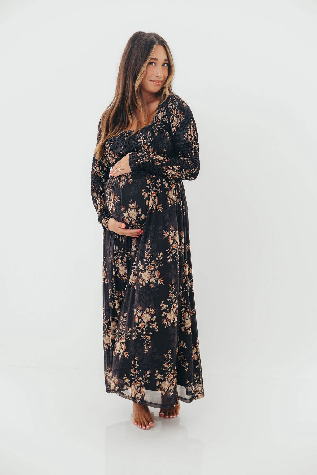 Honor Floral Smocked Woven Maxi Dress in Black - Bump Friendly Balanced Fit