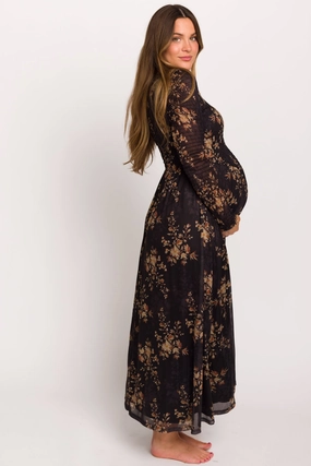 Honor Floral Smocked Woven Maxi Dress in Black - Bump Friendly Tailored Style Cool Tone