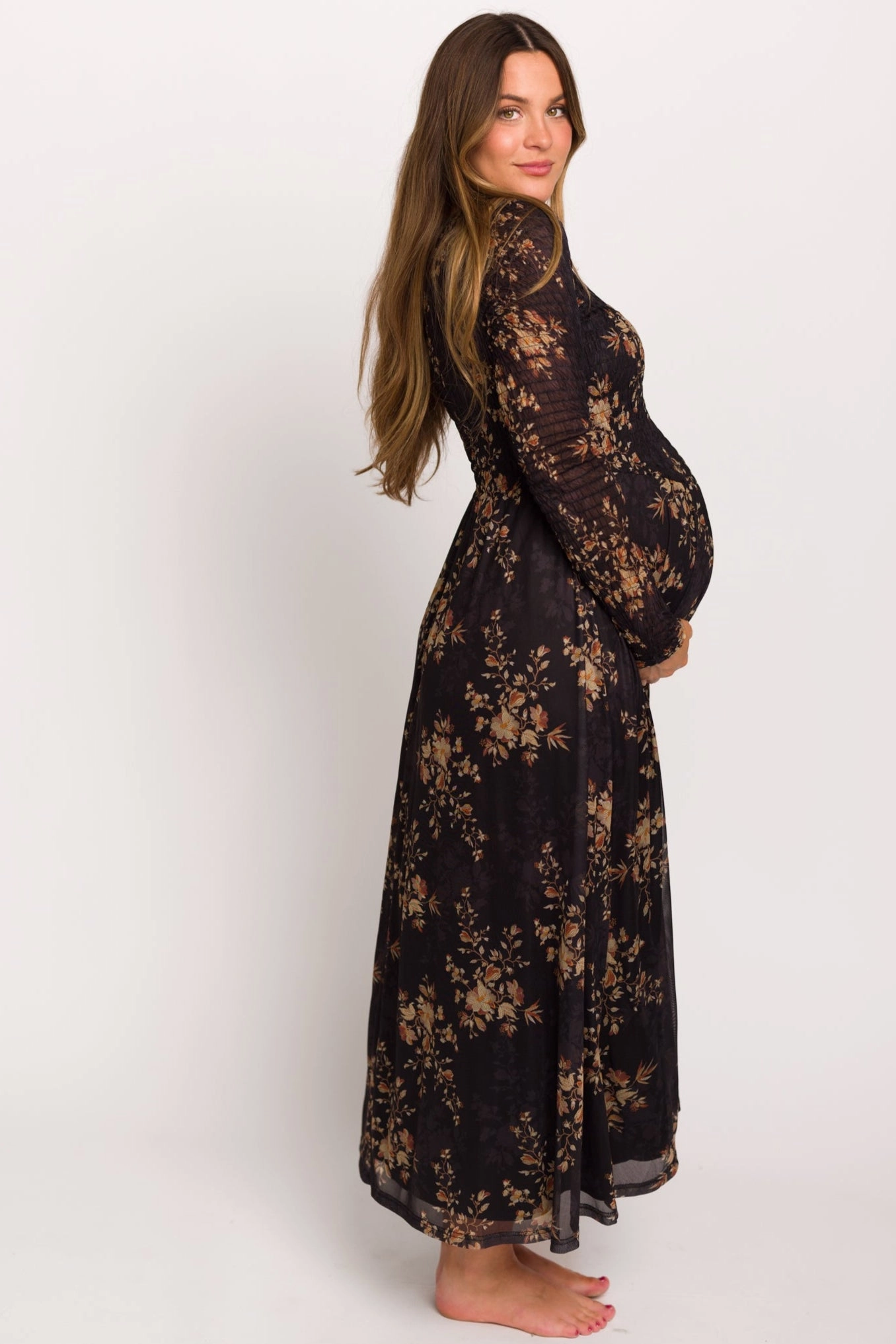 Honor Floral Smocked Woven Maxi Dress in Black - Bump Friendly Tailored Style Cool Tone