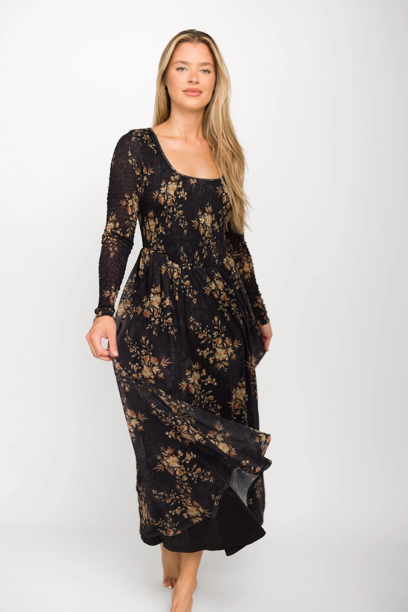 Refined fit Relaxed Layer Honor Floral Smocked Woven Maxi Dress in Black - Bump Friendly