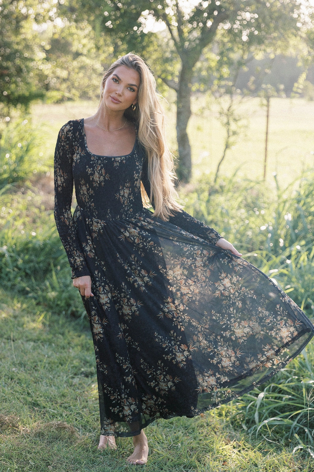 Flexible Fit Flattering Comfort Wear Honor Floral Smocked Woven Maxi Dress in Black - Bump Friendly